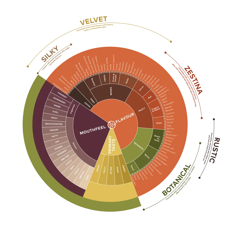 Callebaut Chocolate Taste Wheel mapping primary tastes, flavours and mouthfeel characteristics.