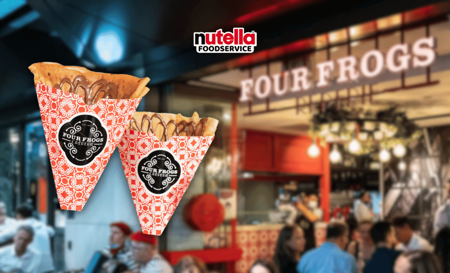 Two crepes with Nutella drizzle in patterned cones, labeled "Four Frogs Creperie," are pictured. The background shows the bustling entrance of "Four Frogs" restaurant.
