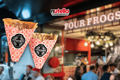 Two crepes with Nutella drizzle in patterned cones, labeled "Four Frogs Creperie," are pictured. The background shows the bustling entrance of "Four Frogs" restaurant.