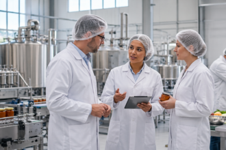 Food manufacturing professionals in white coats and hairnets discussing production beside a conveyor of packaged jars inside a modern processing facility.