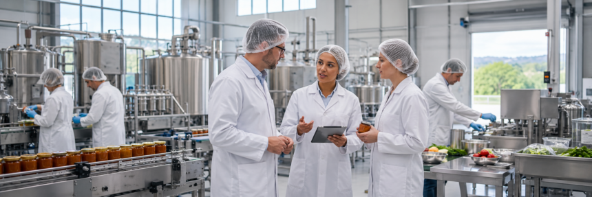 Food manufacturing professionals in white coats and hairnets discussing production beside a conveyor of packaged jars inside a modern processing facility.