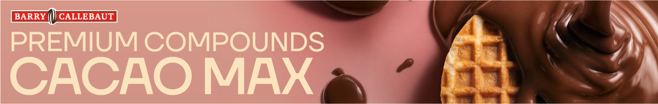 Barry Callebaut Cacao Max banner featuring a chocolate-coated wafer surrounded by flowing chocolate on a pink background.