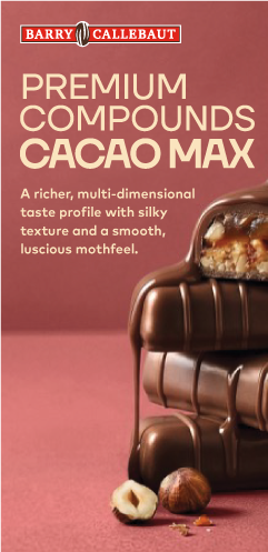 Barry Callebaut Cacao Max premium compounds ad featuring stacked chocolate-coated wafers and hazelnuts on a pink background.