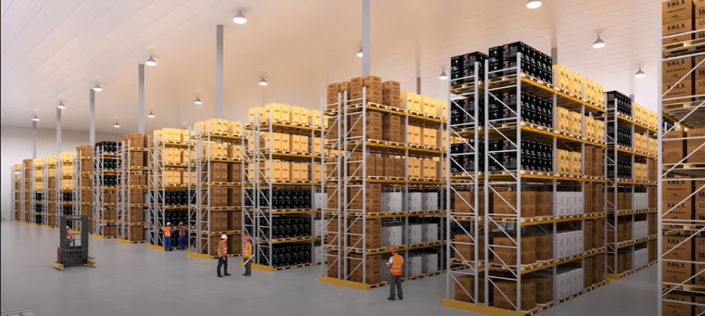 Rendering of a large PFD warehouse interior with high pallet racking, stacked cartons and workers in high-visibility clothing.