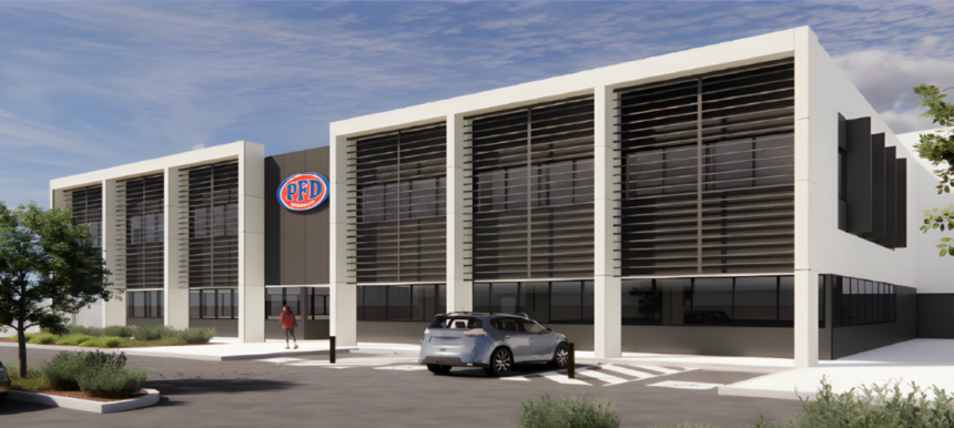 Architectural rendering of the new PFD facility in Western Australia, showing the modern exterior, PFD signage, parked cars and landscaped surrounds.