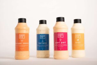 Four Batch No. 5 foodservice sauces in 1L bottles: burger sauce, tartare, peri peri and aioli.