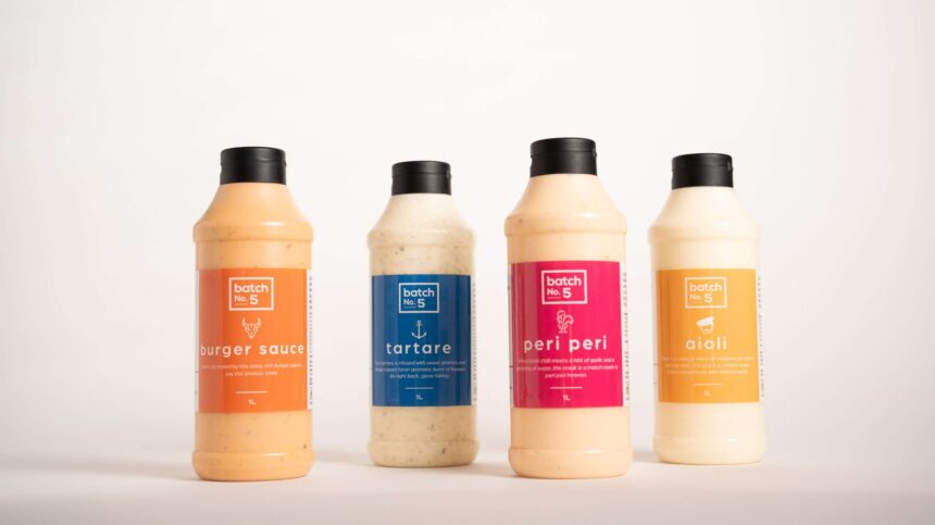 Four Batch No. 5 foodservice sauces in 1L bottles: burger sauce, tartare, peri peri and aioli.