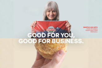 Martha van Arts holding Mainland cheese above a baked café item, with the words “Good for you, good for business.”