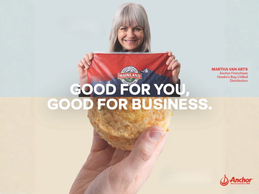 Martha van Arts holding Mainland cheese above a baked café item, with the words “Good for you, good for business.”