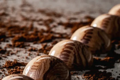 Glossy marbled chocolate bonbons arranged across a surface scattered with cocoa crumbs.