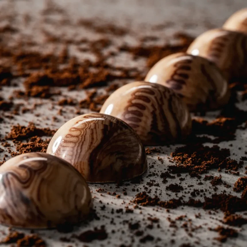Glossy marbled chocolate bonbons arranged across a surface scattered with cocoa crumbs.