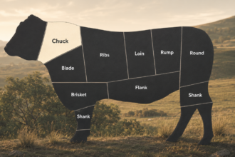 Kilcoy’s interactive beef diagram showing major cuts including chuck, blade, ribs, loin, rump, round, brisket, flank and shank.