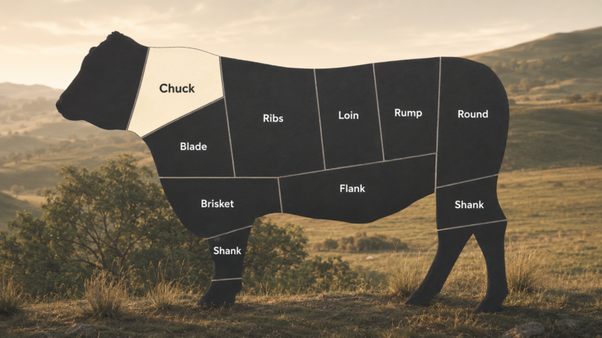 Kilcoy’s interactive beef diagram showing major cuts including chuck, blade, ribs, loin, rump, round, brisket, flank and shank.
