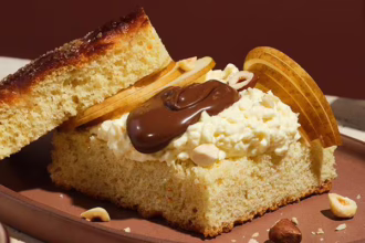 Sweet focaccia topped with stracciatella, sliced pear, toasted hazelnuts and Nutella.
