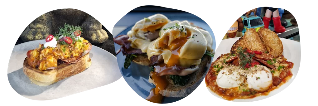 Three Café Barco breakfast dishes: chilli scrambled eggs, eggs Benedict and shakshuka with poached eggs and toast.