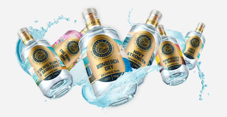Organic Bay Distillery’s refreshed range of organic gin bottles featuring new colourful label designs.
