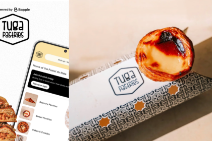 Tuga Pastries ordering app displayed on a smartphone beside a Portuguese custard tart and branded pastry box.