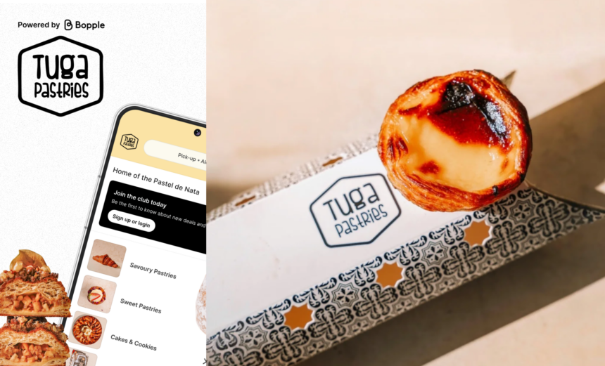 Tuga Pastries ordering app displayed on a smartphone beside a Portuguese custard tart and branded pastry box.