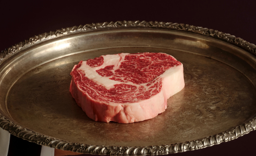 Senku Pure Wagyu fillet on an ornate silver serving platter