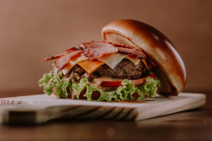 Smoky beef and maple bacon burger served on a bun