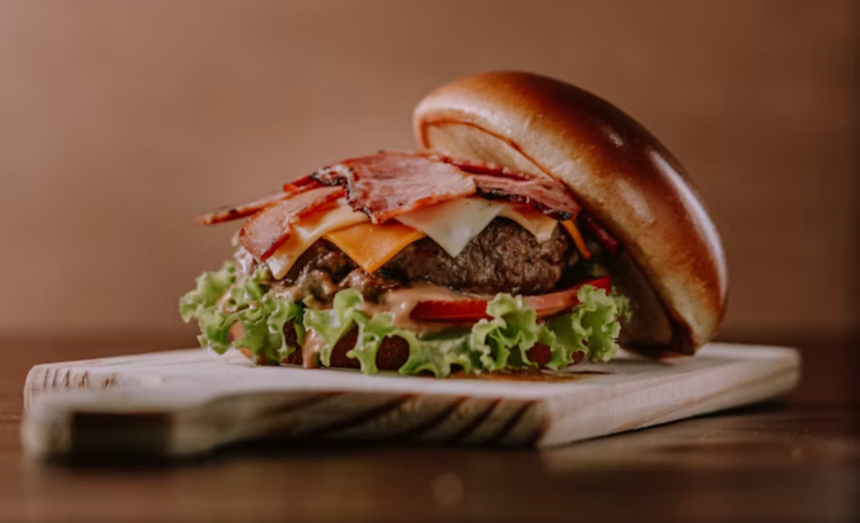 Smoky beef and maple bacon burger served on a bun